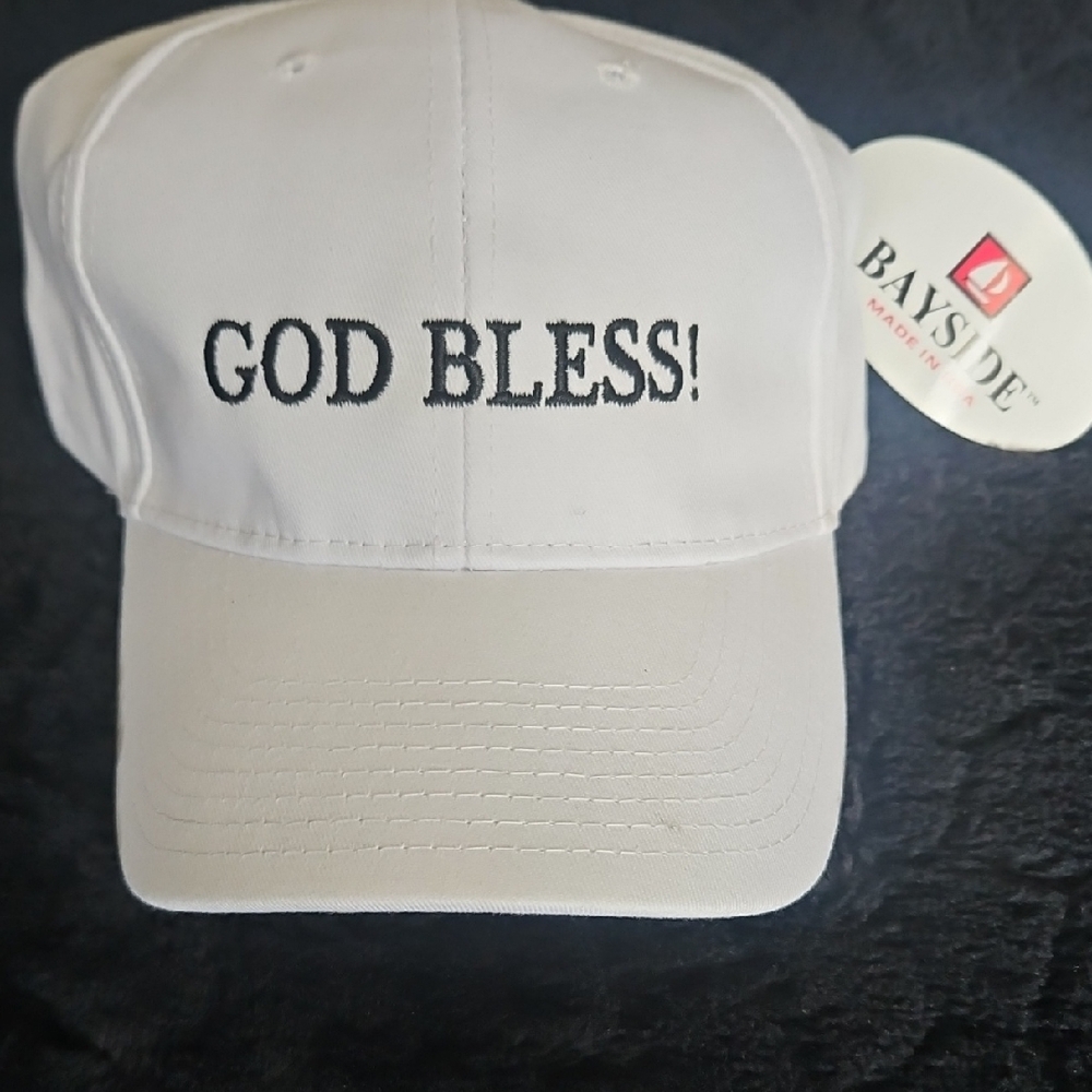 White Baseball Cap with American Flag Accent-"GOD BLESS!" Limited Edition